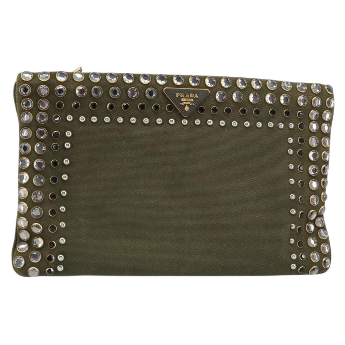 Prada Bijoux Clutch Bag Canvas Khaki Gold Auth 160073